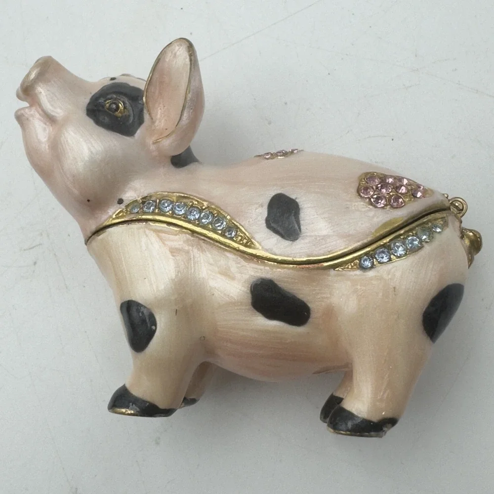 Bejeweled Enameled Pewter Spotted Pig Trinket Box With Crystals Pink Black